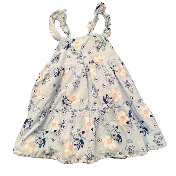 Bluey Dress Light Blue Floral Swiss Dot Ruffle Tiered Girls 4T - Picture 2 of 6